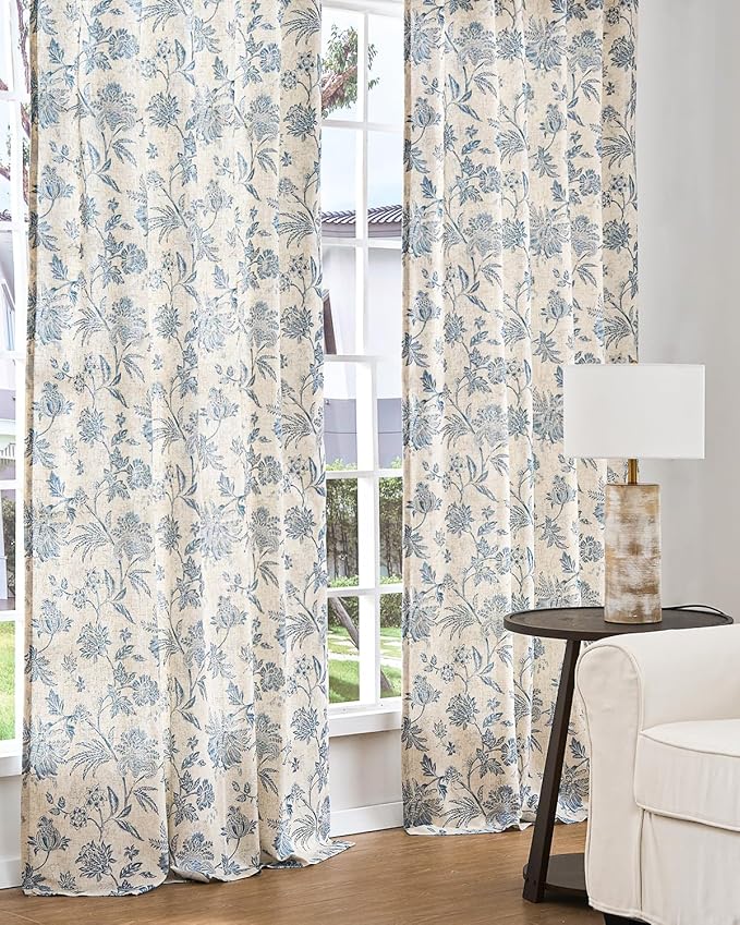 jinchan Lined Linen Floral Curtains for Living Room, 84 Inch Length Printed Flower Farmhouse Patterned French Country Back Tab Blue Window Drapes Set Privacy Bedroom Curtains, 2 Panels