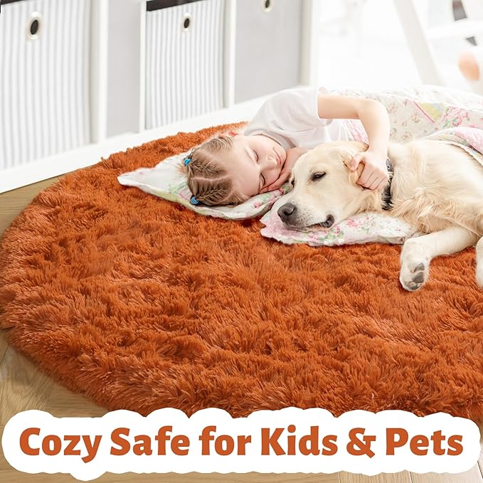 Amdrebio Burnt Orange Small Round Circle Rug 3Ft for Bedroom Living Room Aesthetic, Fluffy Fuzzy Furry Shaggy Area Rugs for Kids Room Decor, Plush Shag Dark Orange Carpet for Nursery Dorm Classroom
