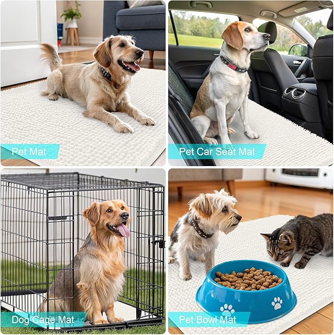 OLANLY Dog Door Mat for Muddy Paws 48x30, Absorbs Moisture and Dirt, Absorbent Non-Slip Washable Doormat, Quick Dry Chenille Mud Mat for Dogs, Entry Indoor Entryway Carpet for Inside Floor, Ivory