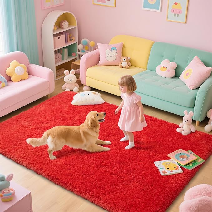 Red Shag Area Rugs for Bedroom Living Room,Ultra Soft Fluffy Christmas Area Rugs 6X9 for Dorm, Indoor Carpet Nursery Rugs for Kids Girl Room Home Decor, Red