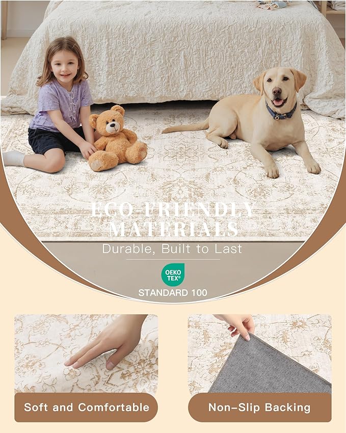 Madane Washable 6x9 Area Rugs for Living Room, Vintage Natural Rug with Non-Slip Backing, Soft Stain Resistant Throw Rugs Thin Carpet for Bedroom Dining Room Farmhouse (6 x 9, Wood/Ivory)