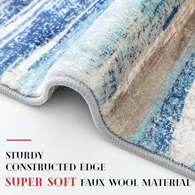 Lansny Modern Abstract Kitchen Rug Set of 2, 2x3 and 2x6 Blue Washable Rug Runner Non Slip Kitchen Mat, Soft Faux Wool Throw Carpet for Entryway, Hallway, Bedroom, Bedside, Laundry Room, Office