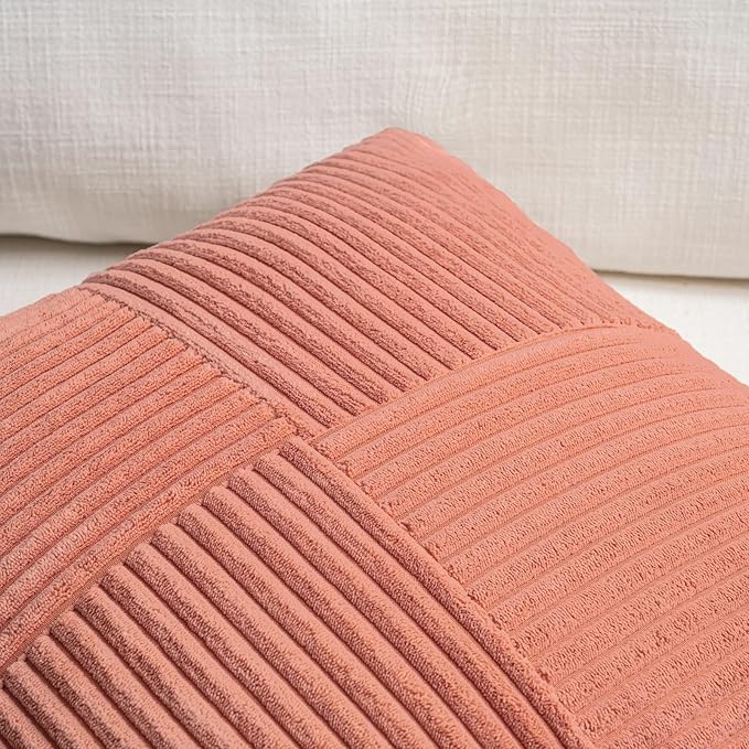 Fancy Homi 2 Packs Coral Lumbar Decorative Throw Pillow Covers 20x28 Inch for Living Room Couch, Rustic Farmhouse Boho Home Decor, Soft Striped Corduroy Rectangle Accent Peach Cushion Case 50x70 cm