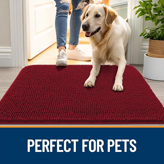 OLANLY Dog Door Mat for Muddy Paws 47x20, Absorbs Moisture and Dirt, Absorbent Non-Slip Washable Doormat, Quick Dry Chenille Mud Mat for Dogs, Entry Indoor Entryway Carpet for Inside Floor, Red