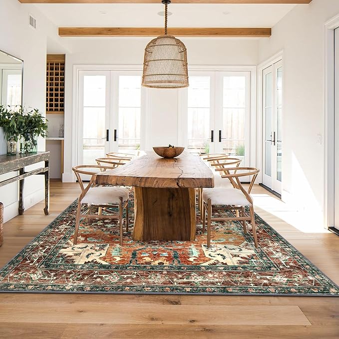 Yamaziot 8x10 Large Area Rug, Non-Slip Washable Boho Vintage Living Room Bedroom Rug with Rubber Backing, Low Pile Faux Wool Soft Distressed Rug Floor Carpet for Living Room, Bedroom