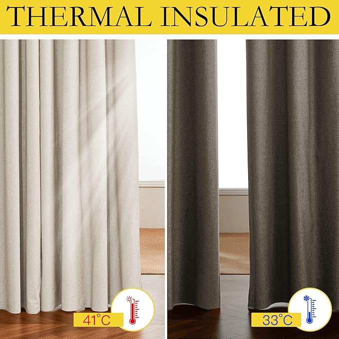 NICETOWN 100% Absolutely Blackout Linen Curtains with Thermal Insulated White Liner, Beige, 52" Wide by 45" Long, 2 Pieces, Anti-Rust Grommet Natural Burlap Fabric Window Drapes for Bedroom/Kids Room