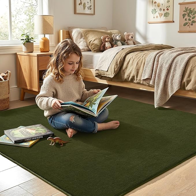 Amearea 5x5 Square Area Rugs for Bedroom Living Room, Olive Green Thickened Memory Foam Rug, Fluffy Indoor Washable Rugs Non Slip Minimalist Carpet for Kids Boys Girls Dorm Nursery Room Decor