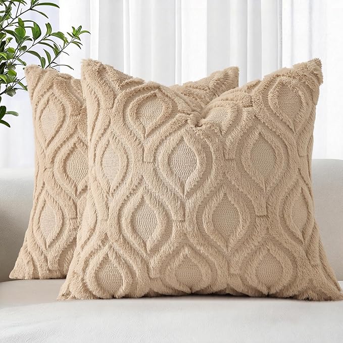 decorUhome Throw Pillow Covers 24x24 Inch Set of 2, Soft Plush Faux Wool Light Khaki Solid Couch Pillow Covers, Accent Euro Sham Farmhouse Neutral Square Pillow Cases for Sofa Bed Living Room