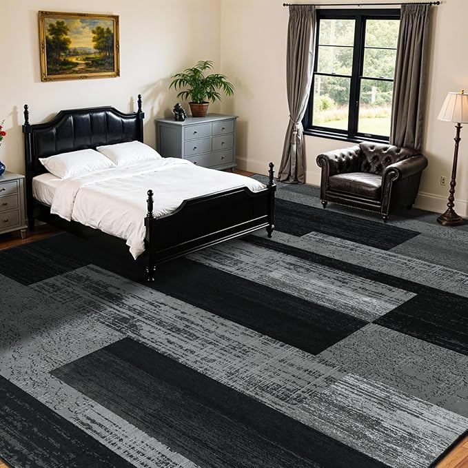 LIANLAM 9x12 Washable Area Rugs for Living Room and Bedroom, Vintage Checkered Pattern Non-Slip Carpet, Stain Resistant Low Pile Soft Rug for Dining Room,Office,Nursery,Kids Room(9x12,Gray)