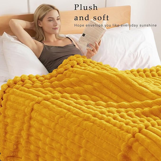 Exclusivo Mezcla Twin Size Flannel Fleece Blanket, Super Soft Striped Jacquard Bed Blanket, Lightweight Fuzzy Cozy for All Seasons, 60x80 Inches, Mustard Yellow