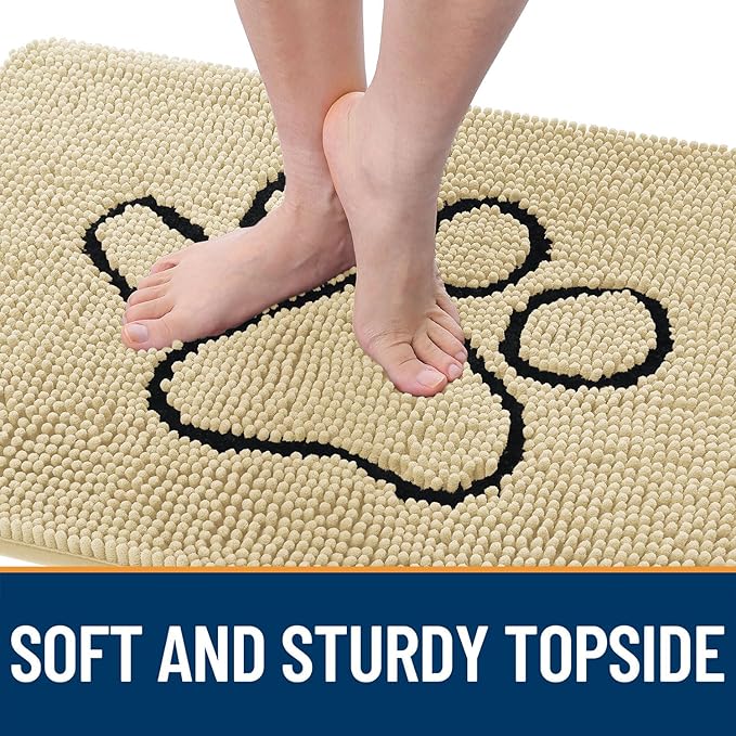 OLANLY Dog Door Mat for Muddy Paws 48x30, Paw Print Design, Absorbs Moisture and Dirt, Absorbent Non-Slip Washable Doormat, Quick Dry Chenille Mud Mat for Dogs, Entry Indoor Entryway Carpet, Sand