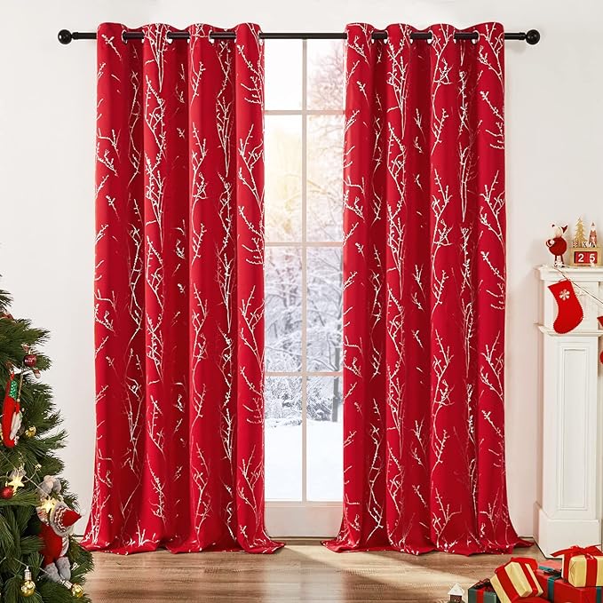Deconovo Christmas Red Curtains, Blackout Drape, Soundproof Curtain, Silver Print, 52 x 108 Inch Long, 2 Panels, Machine Washable Window Panel for Living Room Bedroom Festival Party Decoration Kitchen