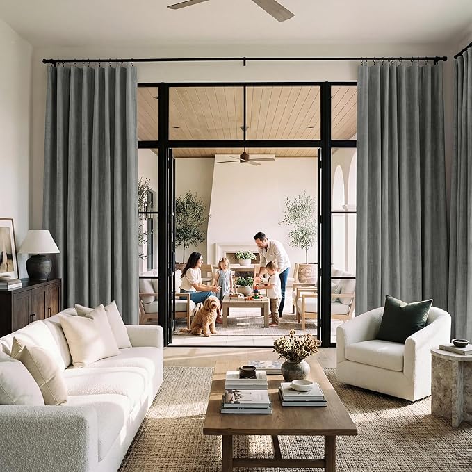 RYB HOME 100% Blackout Linen Textured Curtains 90 inches Long, Thermal Insulating Privacy Energy Saving for Bedroom Living Room Window Office Theater Baby Nursery, W 52 x L 90 in, Grey, 2 Panels