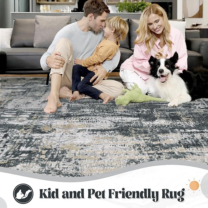 XLUEZ 9x12 Area Rug for Living Room, Washable Modern Abstract Large Area Rug Neutral Soft Non Slip Kids Rug Stain Resistant Indoor Carpet for Bedroom Dining Room Playroom Office(BlackGreyGold, 9'x12')