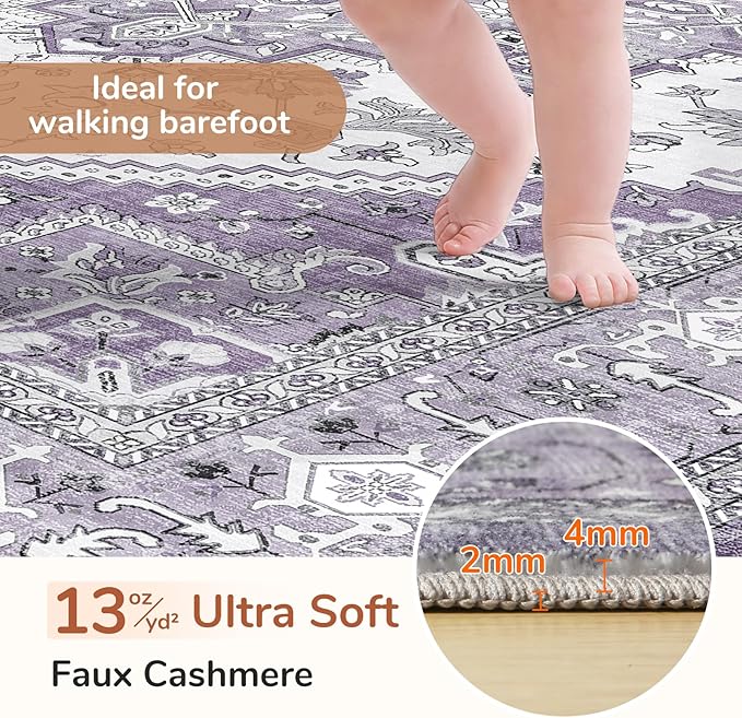 OPPODREAM Soft Area Rugs 5x7, 5x7 Washable Rug with Non Slip Backing, 5 x 7 Faux Cashmere Low-Pile Carpet, Purple