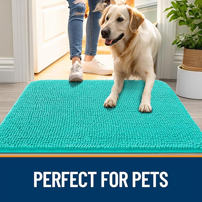 OLANLY Dog Door Mat for Muddy Paws 54x32, Absorbs Moisture and Dirt, Absorbent Non-Slip Washable Doormat, Quick Dry Chenille Mud Mat for Dogs, Entry Indoor Entryway Carpet for Inside Floor, Teal