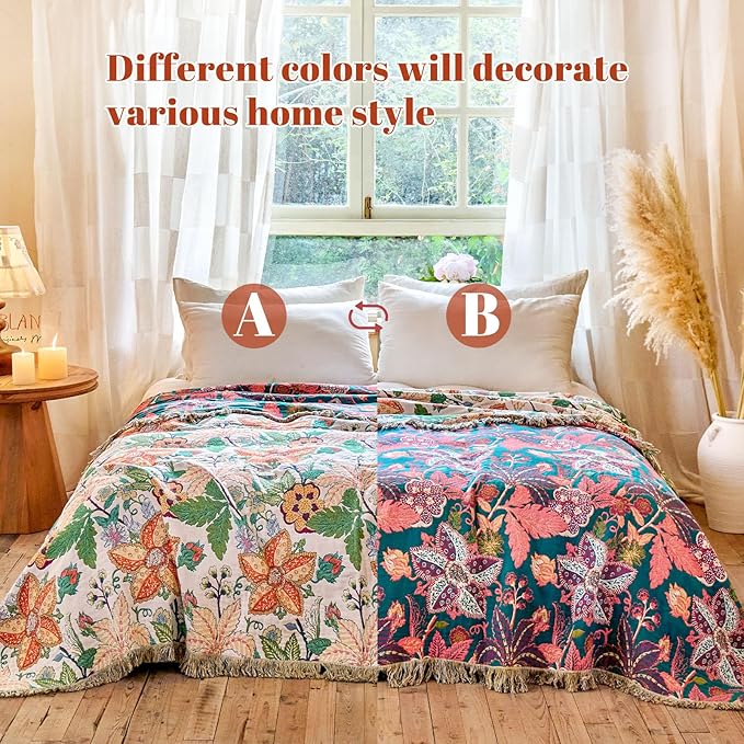 MSGKV Boho Throw Blanket for Couch Chair 100% Cotton Embroidery Floral Blanket 50"x60" Sofa Blankets for All Seasons Lightweight Farmhouse Muslin Spring Breathable Bed Blankets Home Decor