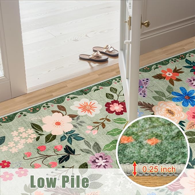 Runner Rug for Entryway: 2x6 Kitchen Rugs Non Slip Washable Ultra-Thin Soft Floral Carpet Indoor Floor Stain Resistant Carpets for Hallway Bedroom Kitchen Laundry Bathroom Dorm Green