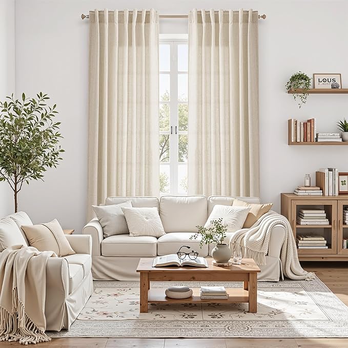 Cream Beige Linen Curtains for Living Room 105 Inches Long Light Filtering Semi Sheer Curtain Back Tab Modern Farmhouse Decor Elegant Luxury Coastal Drapes for Bedroom Dinner Room 52x105, 2 Panels