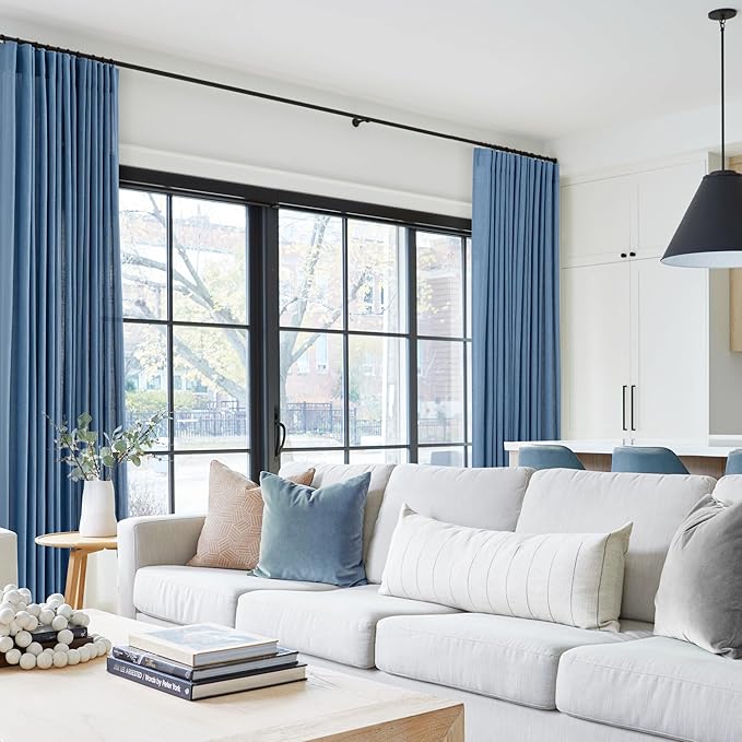 Denim Blue Curtains for Living Room Back Tab Modern Farmhouse Semi Sheer Blue Curtains 108 inches Long 2 Panels Set Muted Neutral Window Curtain for Dining Room Bedroom 52x108