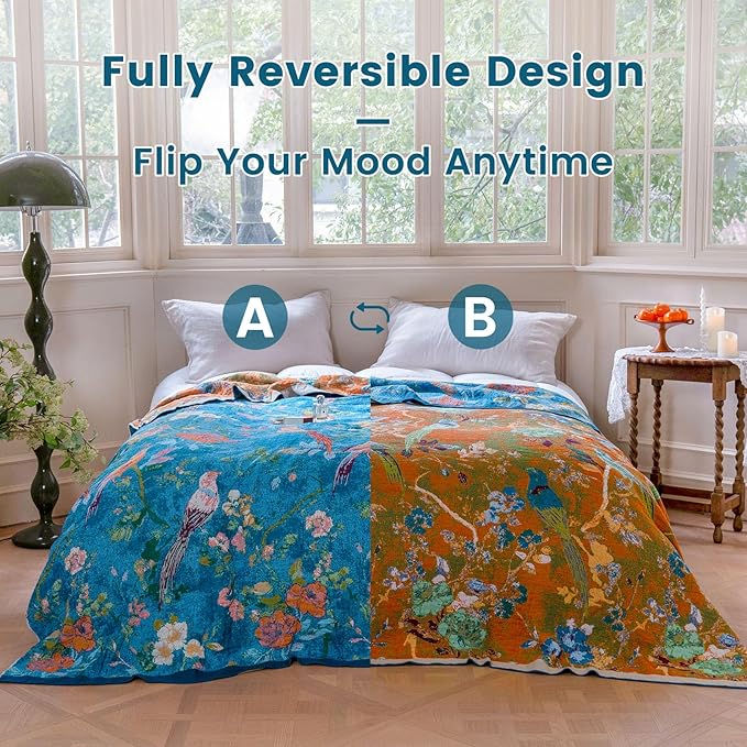 MSGKV Boho Throw Blanket for Bed 60"x80" Cotton Couch Blanket with Floral and Bird Spring Breathable Lightweight Farmhouse Twin Size Decorative Blankets for Sofa Muslin All Seasons