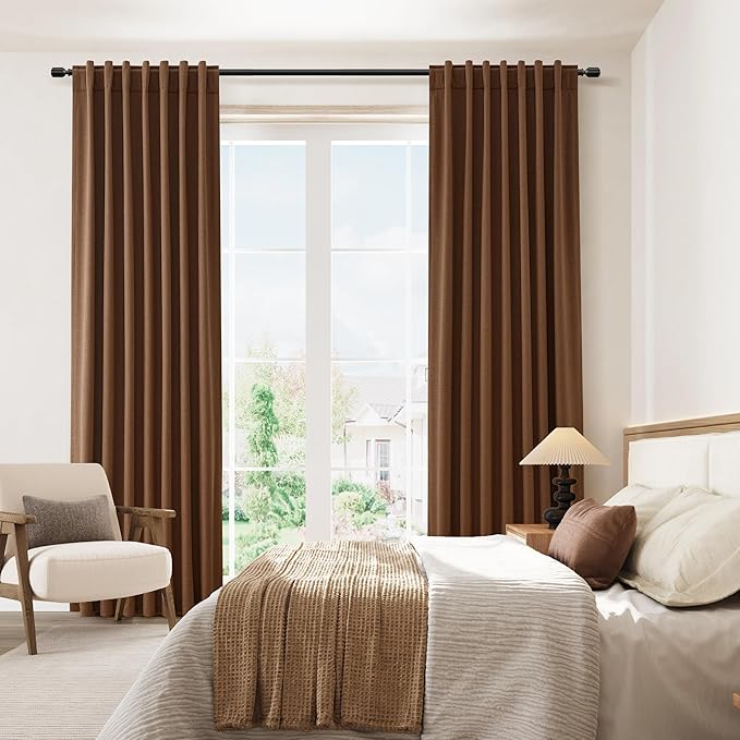 Guken Caramel Brown 100% Blackout Linen Curtains 102 Inch Length 2 Panels Set for Living Room Bedroom Back Tab/Rod Pocket Thermal Insulated Black Out Drapes Farmhouse Room Darkening Window Curtains