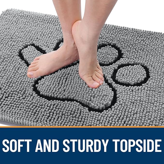 OLANLY Dog Door Mat for Muddy Paws 34x21, Paw Print Design, Absorbs Moisture and Dirt, Absorbent Non-Slip Washable Doormat, Quick Dry Chenille Mud Mat for Dogs, Entry Indoor Entryway Carpet, Grey