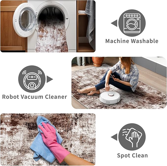 2x3 Small Washable Area Rug: Non-Slip Indoor Door Mat for Entrance Doorway Kitchen Bedroom Living Room - Abstract Farmhouse Throw Rug for Modern Home Decor Brown Khaki White