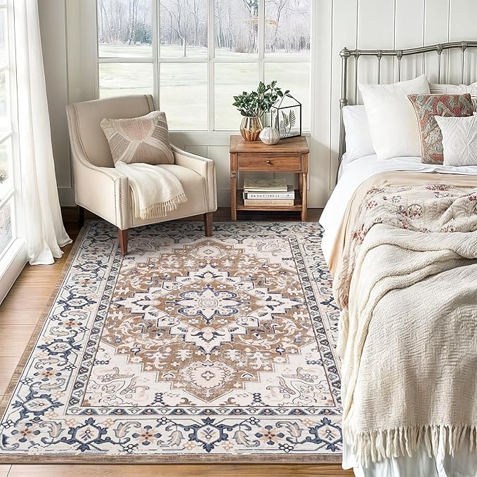 Lofus 3x5 Area Rugs for Living Room, Machine Washable Area Rug, Soft Small Rugs for Bedroom, Kitchen, Office and Indoor, Vintage Boho Carpet, Non-Slip Low Pile Carpets, Floral Brown