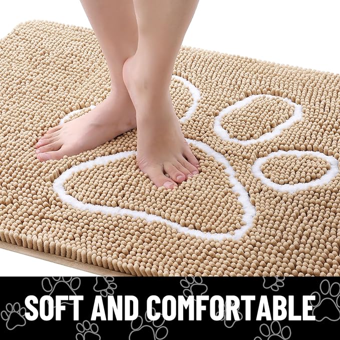 Smiry Dog Door Mat for Muddy Paws, Absorbent Dirt Trapper Non Slip Quick Dry Washable Chenille Mat for Mud Dogs, Entry Rug for Indoor and Outdoor (40x32 Inches, Beige and White)