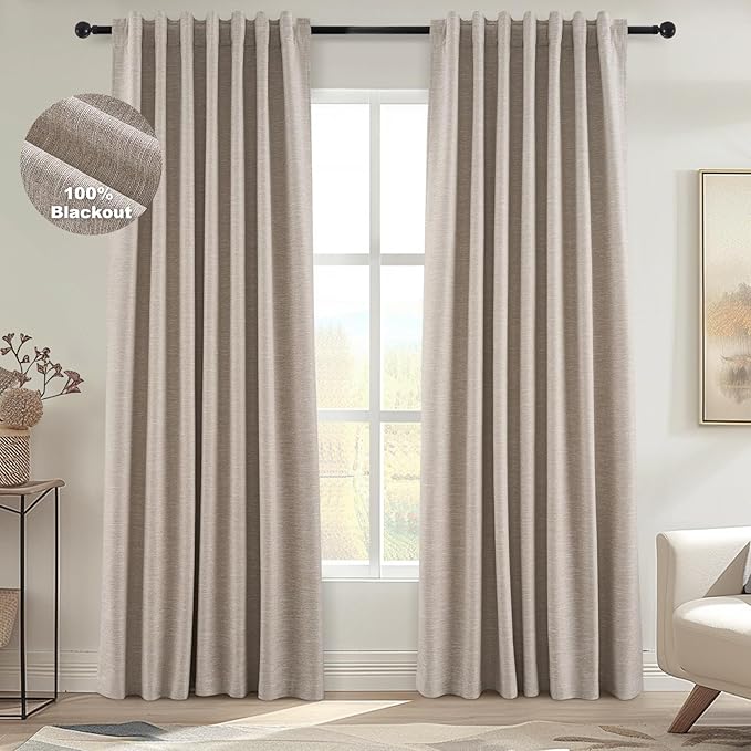 Topfinel 90 Inch Long Blackout Curtains for Sliding Glass Door, Tweed Light and Draft Blocking Drapes for Living Room Traverse Ring Top Heavy Duty Lined Cottagecore Bay Window Curtains 2 Pack
