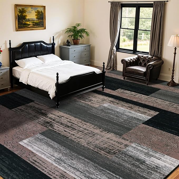 LIANLAM 9x12 Washable Area Rugs for Living Room and Bedroom, Vintage Checkered Pattern Non-Slip Carpet, Stain Resistant Low Pile Soft Rug for Dining Room,Office,Nursery,Kids Room(9x12,Chocolate)