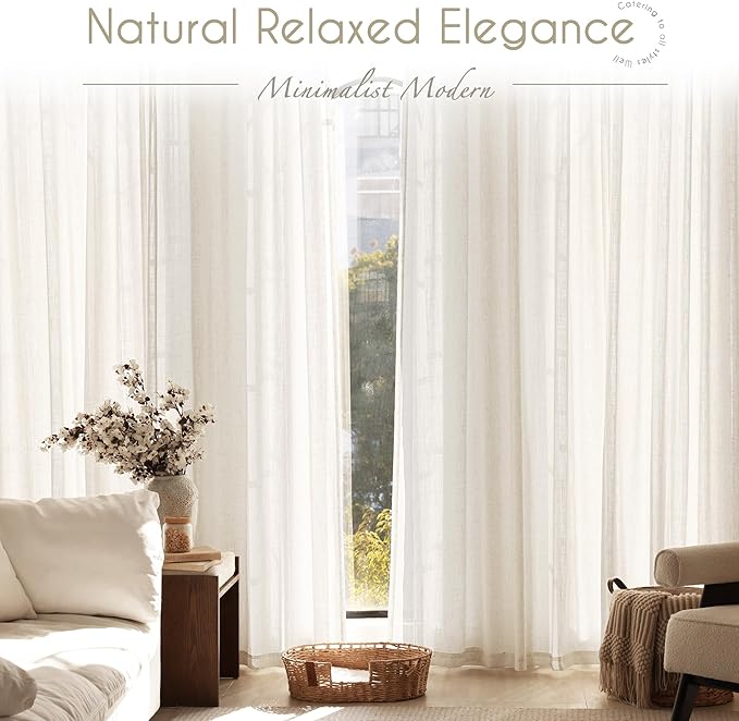 Natural Linen Curtain 92 inch Length 2 Panels Set Back Tab Light Filtering Living Room Curtain Drapes Home Office Modern Minimalist Decor Farmhouse Boho Neutral Cream Semi Sheer Curtain 92 inch Long