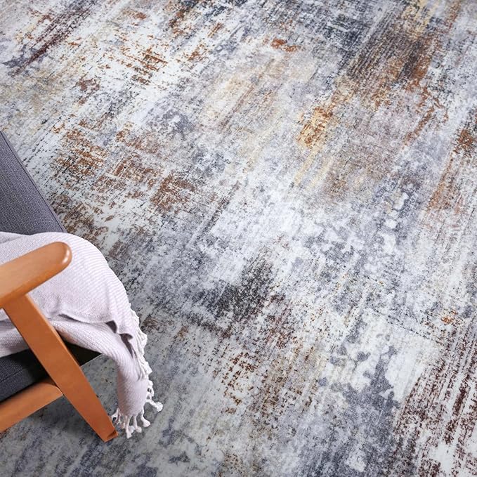 IOHOUZE Abstract Runner Rug 3x16 Ft Washable Runners for Hallways, Non Slip Kitchen Runner Printed Faux Wool Entryway Runner Indoor, Modern Abstract Floor Carpet for Hall Stair, Orange Grey