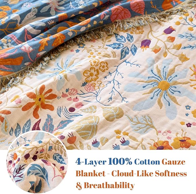 MSGKV Boho Throw Blanket for Bed 100% Cotton Floral Twin Size Couch Blanket 60"x80" Muslin Spring Breathable Lightweight Farmhouse Blankets All Seasons