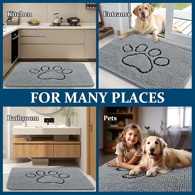 OLANLY Dog Door Mat for Muddy Paws 48x30, Paw Print Design, Absorbs Moisture and Dirt, Absorbent Non-Slip Washable Doormat, Quick Dry Chenille Mud Mat for Dogs, Entry Indoor Entryway Carpet, Grey