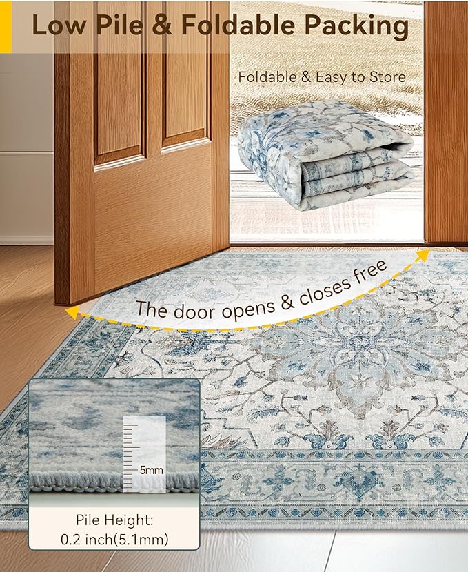 Area Rugs 2'6''x12' Runner Rug Non Slip Washable for Kitchen Hallway Bedroom Beside Laundry Room Bathroom Rug, Floor Carpet, Light Blue Navy Beige Gray White