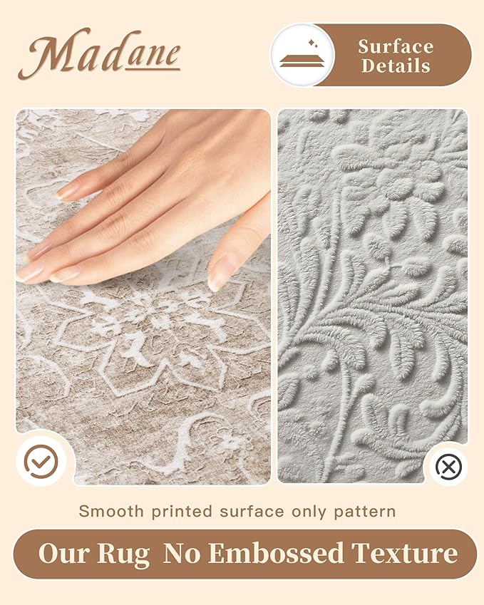 Madane Washable Area Rug 4x6, Low Pile Stain Resistant Vintage Area Rugs, Non Slip Accent Rug Floral Print Indoor Mat for Entryway Living Room Kitchen Bedroom, Brown/Sand