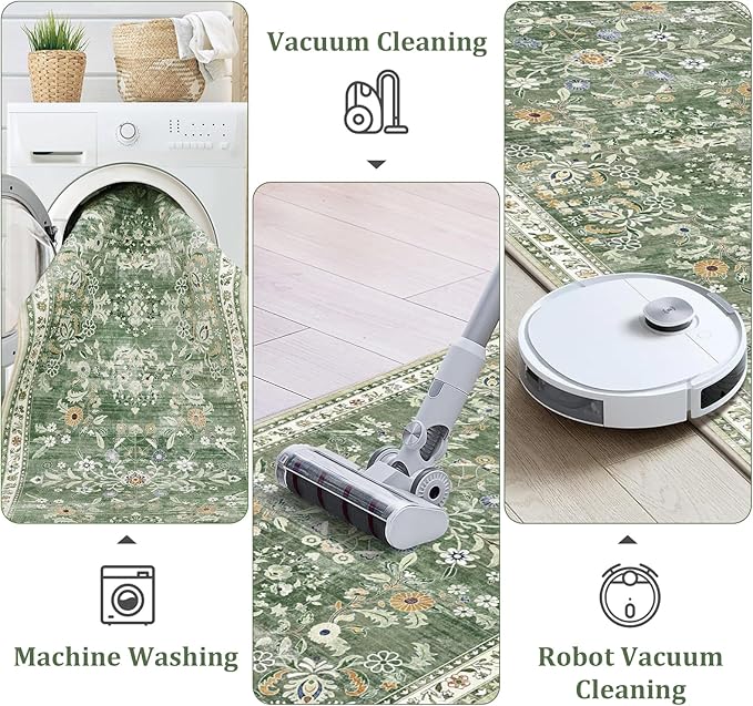 Yamaziot Washable Kitchen Rug Set of 3 – Non Slip Boho Floral Hallway Runner Rug with Rubber Backing, Low Pile Kitchen Mats for Floor, Laundry, Desk (2x3+2x4+2x5,Green)