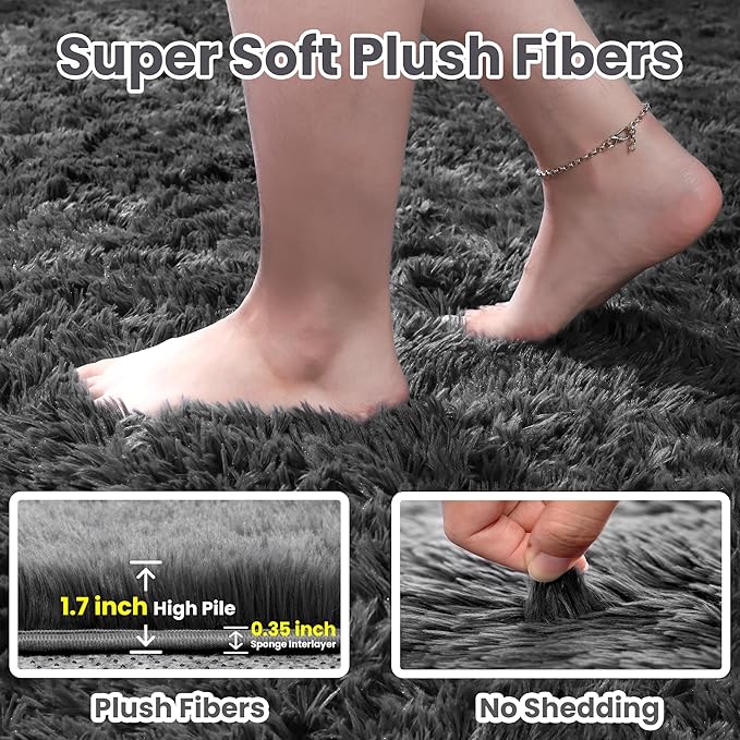 2x6 Bedside Area Rugs for Bedroom: Soft Fluffy Shag Gray Rug for Hallway, Non-Slip Fuzzy Plush Living Room Rug Indoor Floor Carpet for Kids Rooms, Dorm, Nursery, Modern Home Aesthetic Decor