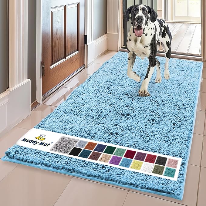Muddy Mat® | Super Absorbent Door Mat Indoor, Microfiber Quick Dry Chenille Entryway Rug, Non-Slip Front Door Mat, Indoor Mats for Entryway, Machine Washable Pet Rug, Sky Blue 35"x60"