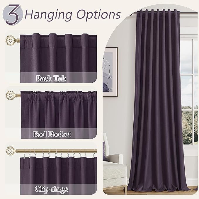 Guken 100% Blackout Curtains 96 Inch Length 2 Panels Set for Living Room Bedroom Back Tab Thermal Insulated Black Out Linen Drapes Room Darkening Window Curtains 96 Inches Long,Plum