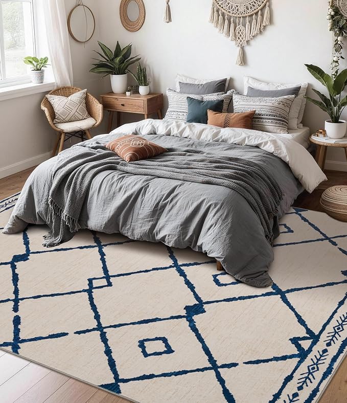 YIHOUSE Boho Rugs for Living Room, 8x10 Western Beige and Blue Area Rug, Moroccan Geometric Soft Low-Pile Washable Rugs for Bedroom, Dining Room