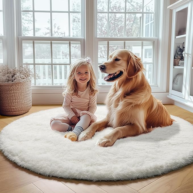 ONASAR Cream White Round Rugs 7ft for Living Room, Ivory Fluffy Bedroom Circle Area Rug, Soft Plush Shaggy Carpet for Kids Girls Boys Teen Nursery Dorm Classroom Playroom Home Decor Aesthetic