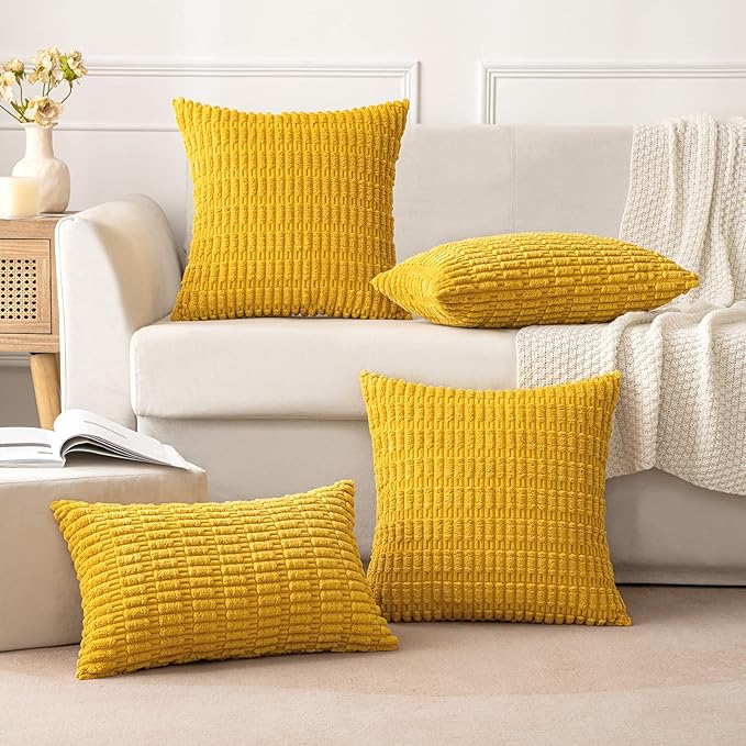 MIULEE Pack of 2 Corduroy Decorative Euro Sham Throw Pillow Covers 26x26 Inch Soft Boho Striped Pillow Covers Modern Farmhouse Home Decor for Summer Sofa Living Room Couch Bed Mustard Yellow