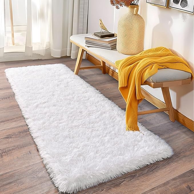 Soft Runner Rugs for Bedroom Hallways, 2x6 White Fluffy Shag Throw Area Rug Non Slip for Bedside Dorm, Long Shaggy Furry Carpet for Nursery Living Room