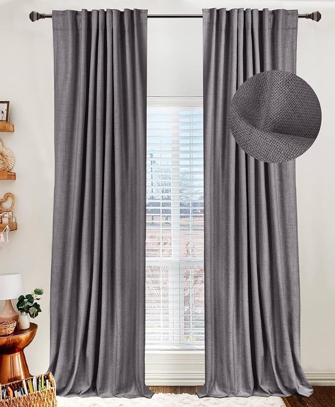 100% Blackout Shield Linen Blackout Curtains for Bedroom 108 Inches Long, Back Tab/Rod Pocket Living Room Drapes, Thermal Insulated Blackout Curtains 2 Panels Set, 50" W x 108" L, Darkgray