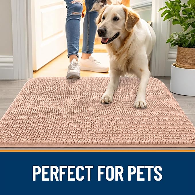 OLANLY Dog Door Mat for Muddy Paws 36x24, Absorbs Moisture and Dirt, Absorbent Non-Slip Washable Doormat, Quick Dry Chenille Mud Mat for Dogs, Entry Indoor Entryway Carpet for Inside Floor, Peach