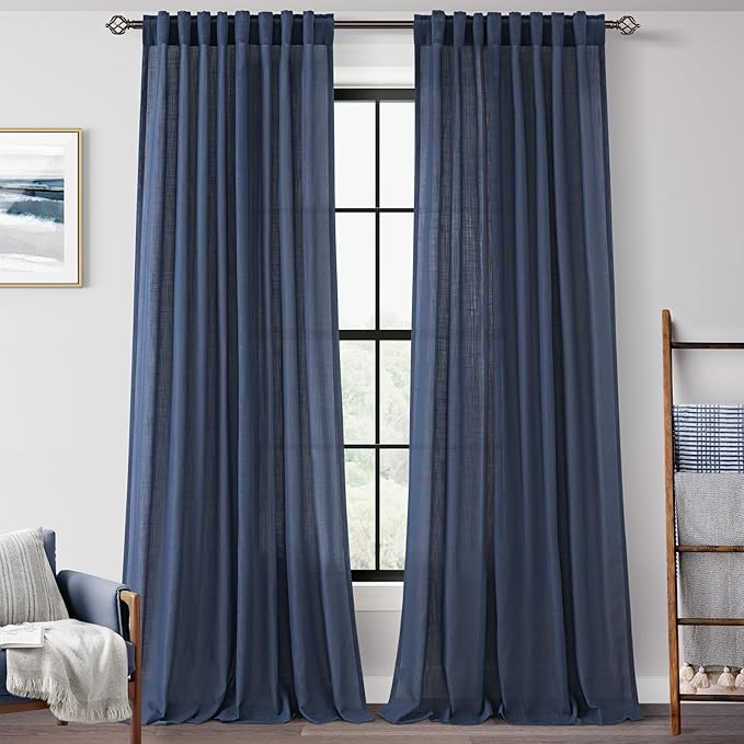 Navy Blue Curtains for Living Room Back Tab Modern Farmhouse Semi Sheer Blue Curtains 144 inches Long 2 Panels Set Muted Neutral Window Curtain for Dining Room Bedroom 52x144
