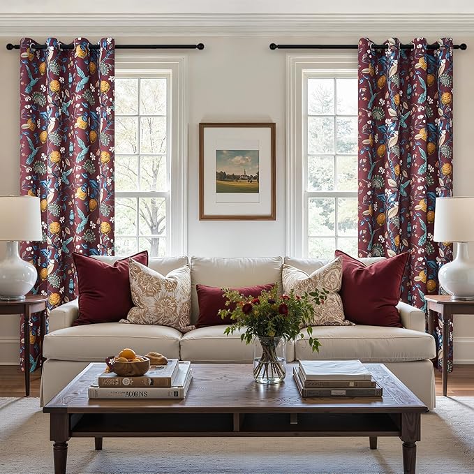 Topfinel Rust Floral Curtains 96 Inches Long 2 Panels Unique Beige Luxury Elegant Colorful Euro Flower Hummingbird Patterned Rustic Vintage Grommet Drapes for Classroom Room Office Closet